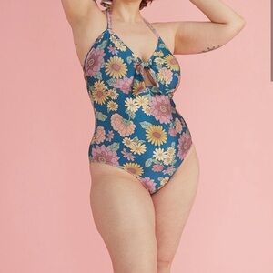 modcloth x princess highway tie-front one-piece swimsuit - teal floral